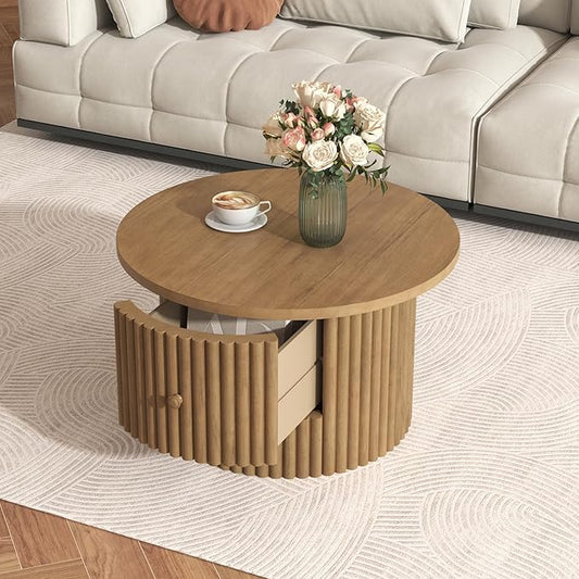 WILLIAMSPACE 30.5" Round Coffee Table with a Drawer, Modern Farmhouse Wood Circle Drum Center Table with Vertical Slat Base, Accent Side End Table for Living Room Apartment, Natural