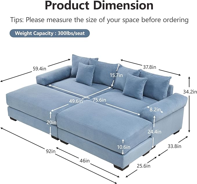 KEIKI 83" Oversized Corduroy Modular Sectional Loveseat Sofa with 2 Ottoman, High-Density Foam Cushion, Extra-Thick Armrest, Modern 2-Seater Fluffy Corner Couch with 6 Pillow, for Living Room, Blue