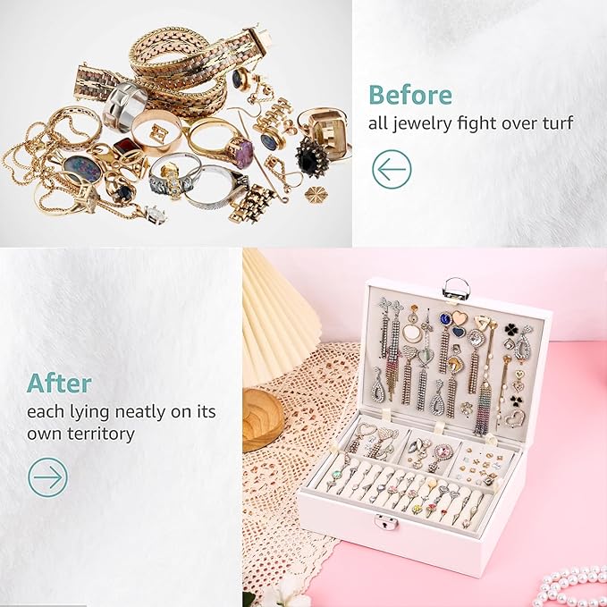 BOOVO Earring Jewelry Box For Women Girl Stud Organizer, 4 Layers Girl Jewelry Organizer Box With Lock Earring Holder Organizer Necklace Ring Jewelry Organizer Box For Girls (White, 4 layer)