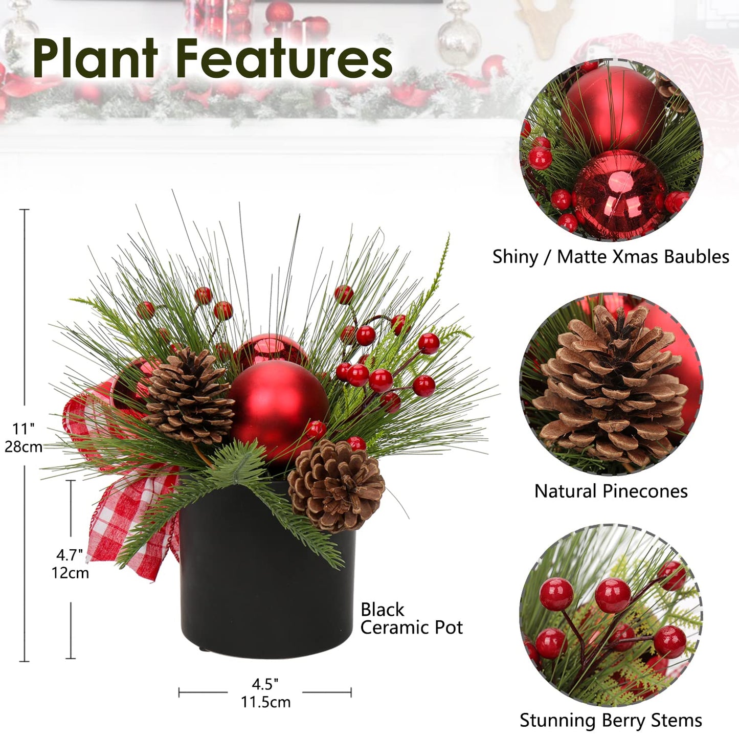 Briful 10 Inch Mini Christmas Tree Artificial Potted with Pinecones Berries and Red Xmas Ball Ribbon Christmas Arrangements Centerpieces Ornaments in 4.7'' Black Ceramic Pot for Home Indoor Table