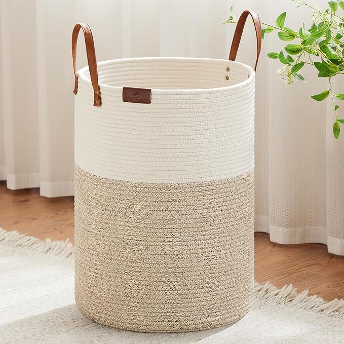 VIPOSCO Tall Laundry Basket, Large Dirty Clothes Hamper with Leather Handle, Woven Rope Storage Basket for Blanket, Toy In Living Room, Bathroom, Bedroom - 100L White & Brown