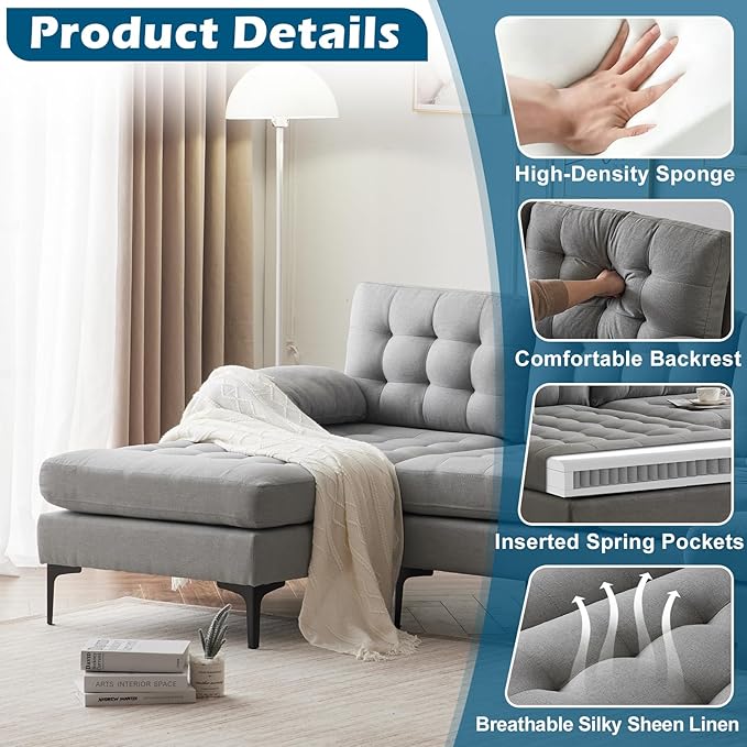 VINGLI 110" Modern U Shaped Sectional Sofa Couch with 51"D Double Chaise for Living Room, Large Tufted Button Couch Sets with 5.9" Thickness Seating Padding for Small Spaces (Light Grey,Tufted Button)