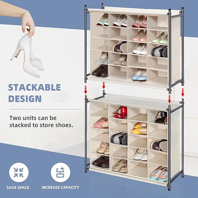 STORAGE MANIAC Stackable Shoe Cubby Organizer, Free Standing Shoe Cube Rack for Entryway, Bedroom, Apartment, Closet, 20-Cube Beige