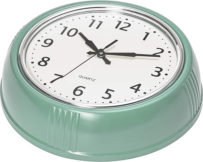 Bernhard Products Retro Wall Clock 12 Inch Seafoam Green Kitchen 50's Vintage Design Round Silent Non Ticking Battery Operated Quality Quartz Clocks for Home Office School Kids Bedroom Living Room