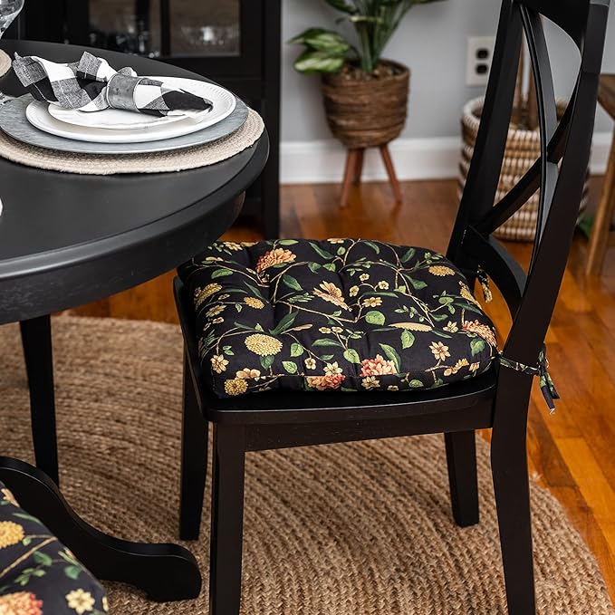 Barnett Home Decor Dining Chair Pad with Ties - Nassau Vine Onyx Black Floral - Reversible, Latex Foam Filled Cushion - Tufted Seat Cushion - Colonial Williamsburg Reproduction Print (Black, Small)