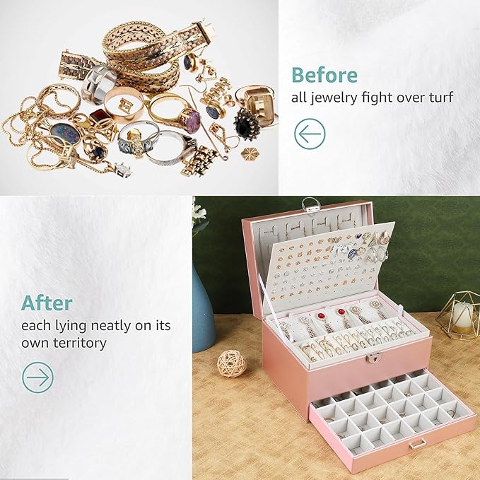 BOOVO Earring Jewelry Box For Women Girl Stud Organizer, 5 Layers Girl Jewelry Organizer Box With Lock Earring Holder Organizer Necklace Ring Jewelry Organizer Box For Girls (rose gold)