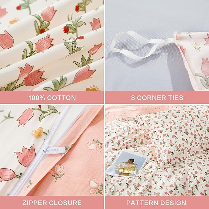 SAPHREAS Pink Bellflower Duvet Cover Set Full Size 3pcs Garden Style Blossom Floral Bedding Comforter Cover Set 100% Cotton 1 Duvet Cover 90"x80" 2 Pillow Shams, Comforter Not Included