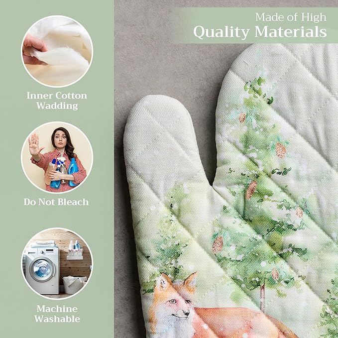 Maison d' Hermine Oven Gloves 100% Cotton Oven Mitt 7" x 13" with Loop Heat Resistant BBQ Cooking Gloves for Thanksgiving Christmas Decorations Baking Handling Hot Pans (Pack of 1, Winter Mornings)