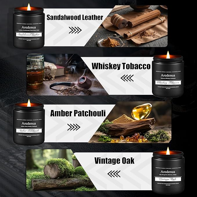 Mens Candle Set – Manly Candles for Men, 4 Pack Soy Candles for Home Scented, Masculine Candle Gift Set - Includes Sandalwood Leather, Whiskey Tobacco, Amber Patchouli & Vintage Oak