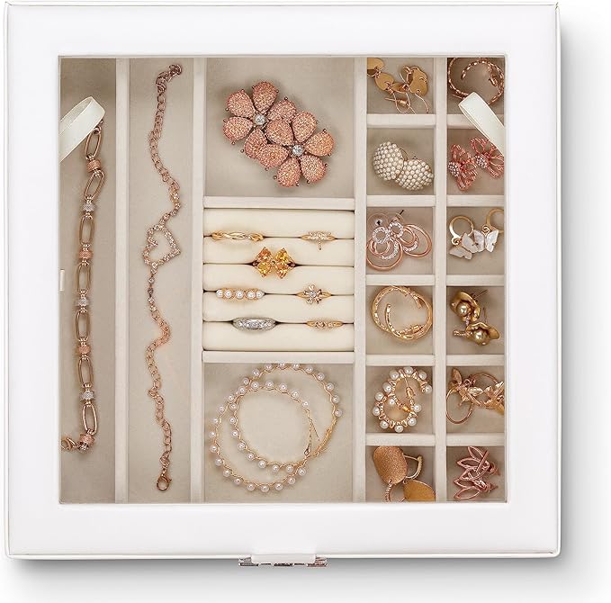 Co 28 Section Jewelry Box - 2 Layer - Buckle Snap & Magnet Closure - Large Glass Top - Leather Design - White - Jewelry Organizer for Women & Girls - for Earring Ring Necklace & Bracelet