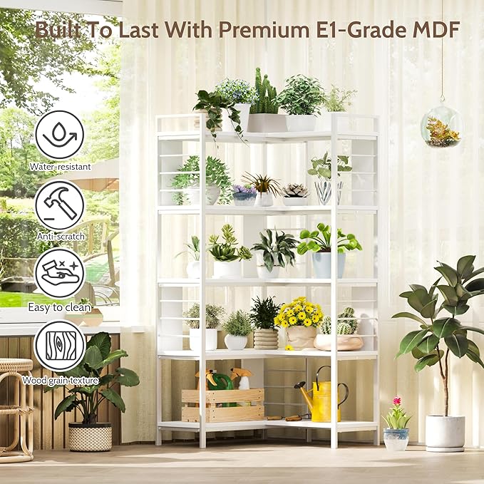 5 Tier Corner Bookshelf, Reversible Corner Shelf, Industrial Wooden Display Book Shelf Stand, L-Shaped Etagere Bookcase with Storage Shelves and Metal Frame for Living Room, Bedroom, Home Office