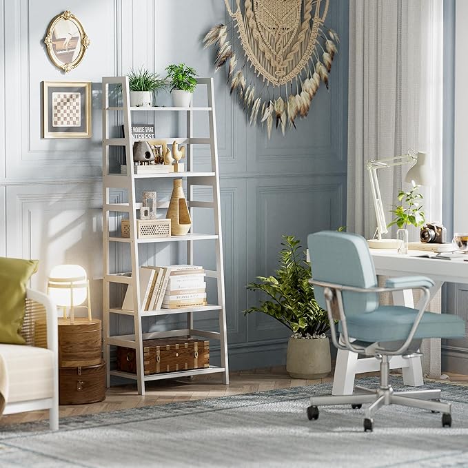 Ladder Shelf, 5-Tier Bookshelf, All Bamboo Heavy Duty Bookcase, Freestanding Open Wood Storage Rack, Modern Corner Display Plant Stand for Living Room, Home Office, Bathroom, Bedroom, White