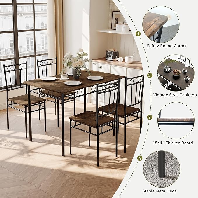 5 Piece Dining Table Set, Wood Kitchen Table and Chairs for Small Space,Breakfast Nook,Easy Assembly,Brown