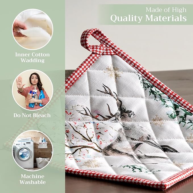 Maison d' Hermine Pot Holders 100% Cotton Heat Resistant Potholders 8" x 8" Hot Pads with Loop for Thanksgiving Christmas Decorations BBQ Cooking Baking Handling Hot Pans (Pack of 1, Rural Christmas)