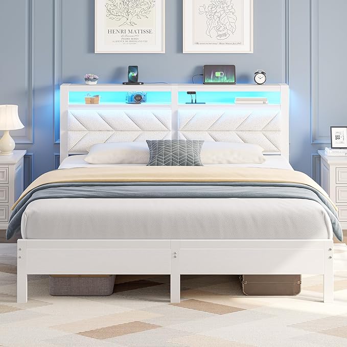 Seventable Bed Frame King Size with Charging Station, LED Bed with Upholstered Storage Headboard, Metal Platform Bed with Under Bed Storage, No Box Spring Needed, Noise Free, Easy Assembly, White