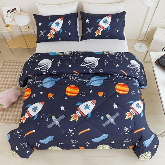 RYNGHIPY Kids Comforter Set Twin Size Cute Rocket Bedding Set for Boys Girls Space Themed Teen Boy Bedding (Space Rocket,Twin)