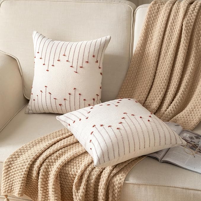 Caflife Boho Throw Pillow Covers 20x20 Set of 2 Decorative Pillows for Bed, Neutral Pillow Covers Beige with Rust Line Throw Pillows for Modern Farmhouse Couch Sofa Living Room Outdoor
