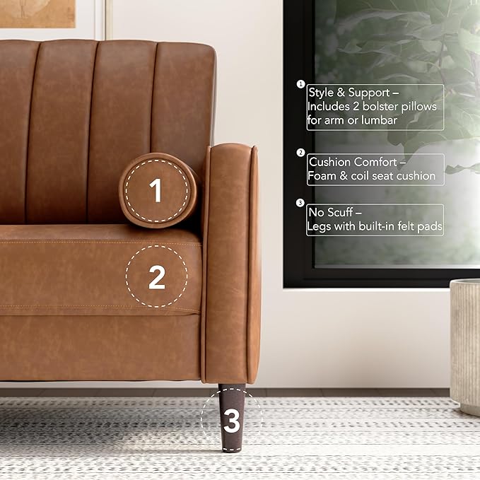 Bush Home 77-inch Sofa, Living Room Furniture, Max Collection, Buffed Camel Vegan Leather