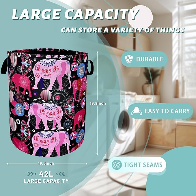 Pink Mandala Elephants Laundry Basket Foldable With Handles Boho Tote Bag Waterproof Oxford Cloth Colorful Laundry Hamper 18.9"x1 6.5 "Clothe Storage Bucket Toy Organizer For Bathroom/Laundry/Bedroom