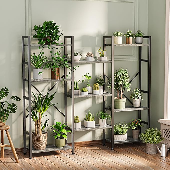 SUPERJARE Triple 4 Tier Bookshelf, Bookcase with 11 Open Display Shelves, Wide Book Shelf Book Case for Home & Office, Grey