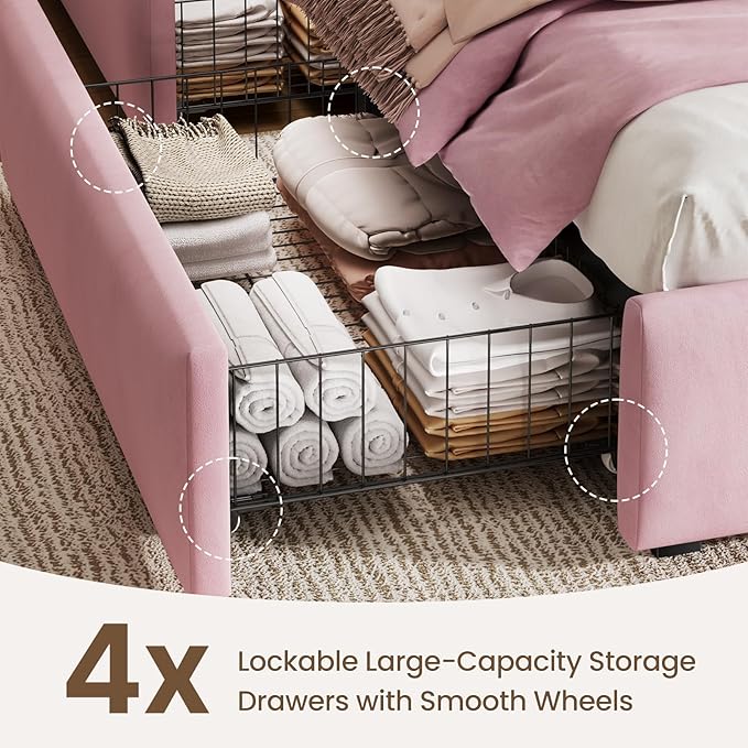 Queen Size Bed Frame with 4 Storage Drawers and LED, Adjustable Clouds Headborad, Velvet Upholstered Platform Queen Bed Frame with Charing Station, Wood Slats Support, No Box Spring Needed,Pink
