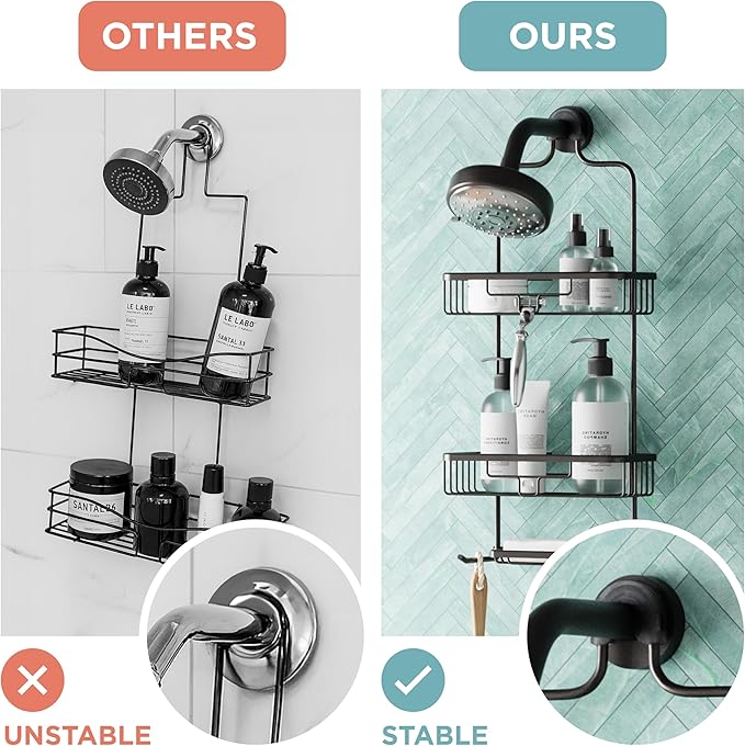 Zenna Home Rustproof Hanging Shower Caddy, Over the Shower Head Caddy with 2 Shelves and Built In Hooks, Aluminum Bathroom Hanging Organizer, Bronze