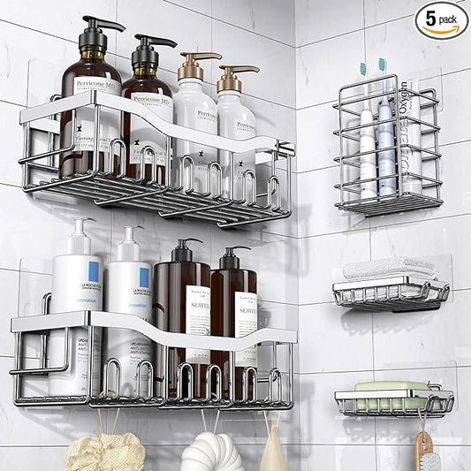 5-Pack Rustproof Stainless Steel Shower Caddy – No Drill Adhesive Bathroom Organizer with Large Capacity, Spacious Shower Shelves for Inside Shower, Kitchen & Home Decor Storage-XL Size