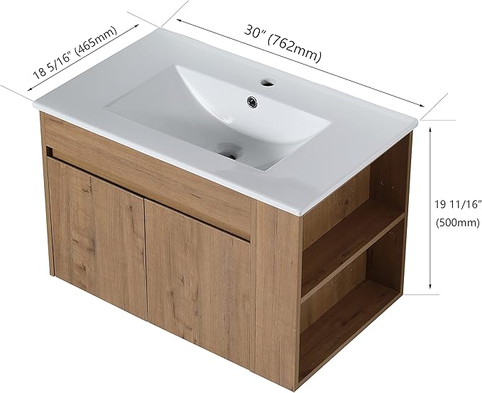 Goujxcy 30" Wall Mounted Bathroom Vanity with Sink, Modern Floating Bathroom Cabinet with White Ceramic Basin and Storage Cabinet/Shelf, Soft-Closing Door Wood Hanging Bath Room Cabinets