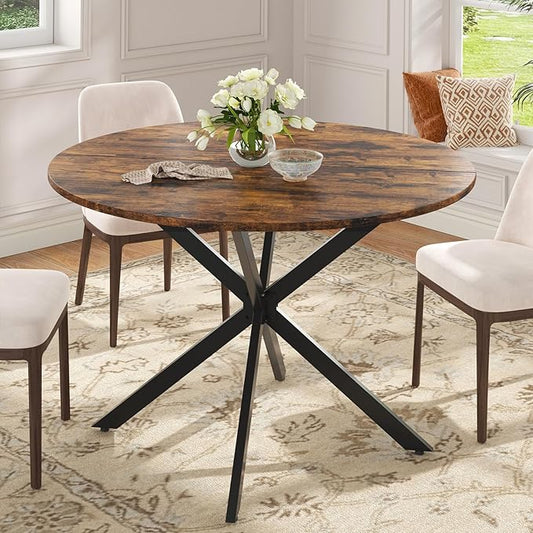 Unovivy 47" Round Dining Table for 4-6, Space Saving Circle Kitchen Dinner Table, Industrial Mid Century Modern Dining Room Desk for Kitchen, Apartment, Rustic Brown