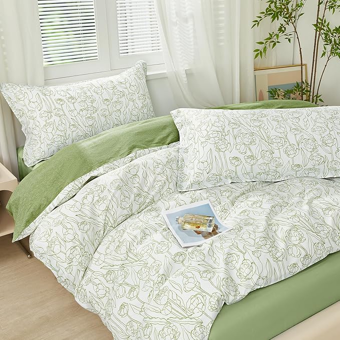 SAPHREAS Green Drawing Floral Duvet Cover Set King Size 3pcs Botanical Blossom White Bedding Comforter Cover Set 100% Cotton 1 Duvet Cover 104"x90" 2 Pillow Shams, Comforter Not Included