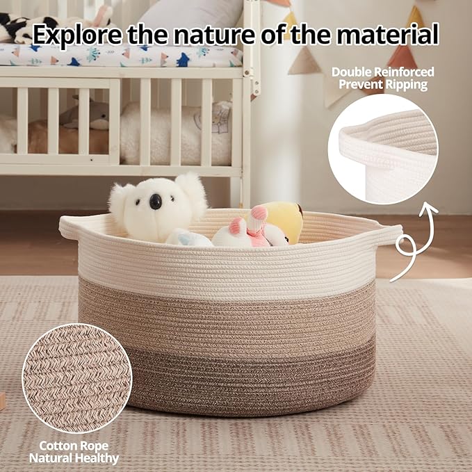 OIAHOMY Extra Large Storage Basket, 23" x 13" Woven Blanket Storage for Living Room, Round Laundry Basket for Pillow - Gradient Brown