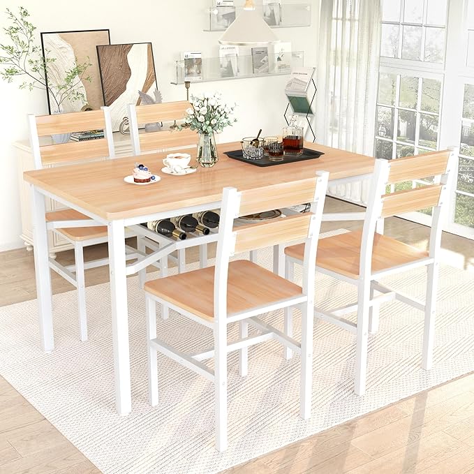 Hooseng Dining Table Set for 4, Wood Kitchen Table Chairs Set with Storage, Farmhouse 5 Piece Dining Room Table Set, Space-Saving Dinette Set for Breakfast Nook, Apartment