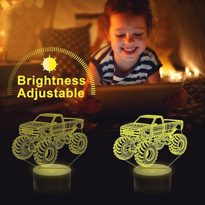 3D Night Lights for Children, Kids Night Lamp, Monster Trucks for Boys, 16 LED Colors Changing Lighting, Car Shape Acrylic Lighting Table Desk Bedroom Decoration, Ideas Birthday Xmas