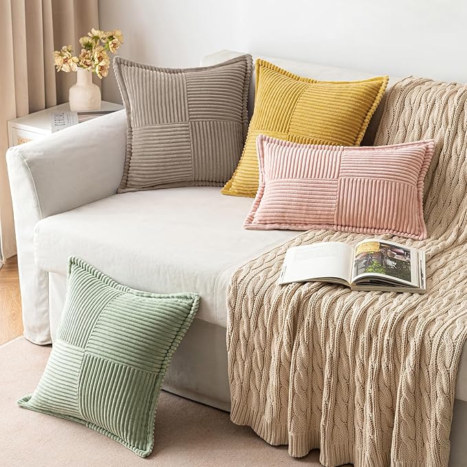 MIULEE Decorative Lumbar Throw Pillow Covers for Couch Bed Livingroom 12x20 Inch Set of 2 Light Brown Boho Accent Throw Pllows Broadside Striped Patchwork Soft Corduroy Pillowcases