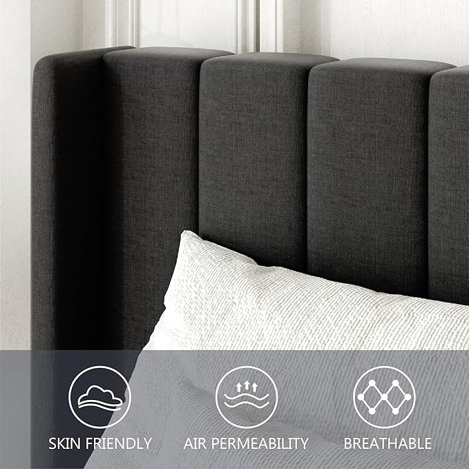 King Size Bed Frame with Wingback Headboard, Upholstered Platform Bed, No Box Spring Needed, Sturdy Wooden Slat Support, Easy Assembly, Dark Gray
