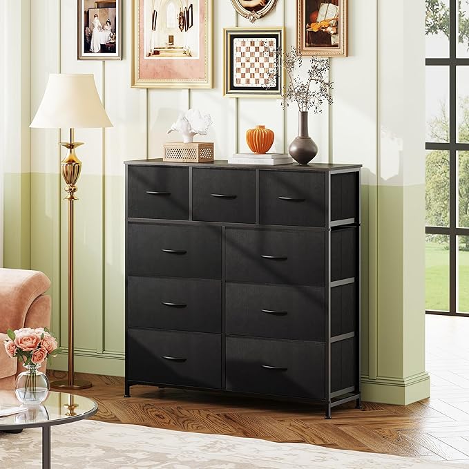 WLIVE 9-Drawer Dresser, Fabric Storage Tower for Bedroom, Hallway, Entryway, Closet, Tall Chest Organizer Unit with Fabric Bins, Steel Frame, Wood Top, Easy Pull Handle, Charcoal Black