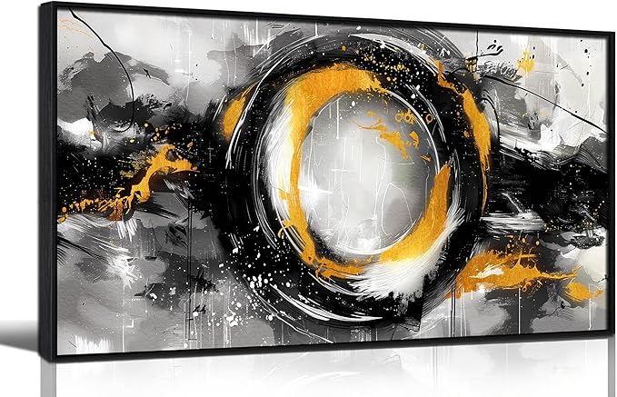 SIXTTART Abstract Circle Wall Art for Living Room - Black White and Gold Modern Canvas Wall Art for Office - Modern Framed Wall Art for Bedroom Size 20" x 40"
