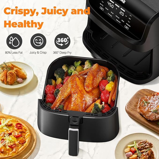 DEIME Air Fryer 7.2 QT 1700W Oilless Oven Healthy Cooker Air Fryers Large Capacity with 8 Presets, Visible Cooking Window, LCD Touch Screen, Customerizable Cooking, Non-Stick Basket (Black)