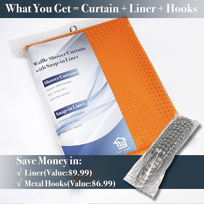 N&Y HOME Waffle Weave Shower Curtain with Snap-in Fabric Liner & 12 Metal Hooks Set - Hotel Style, Waterproof & Washable, Heavyweight Fabric & Mesh Top Window - 71x72, Orange