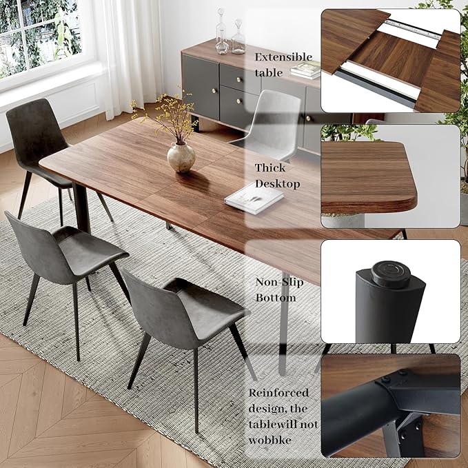 9PCS 63"- 78.7" Extendable Dining Table Set, Kitchen Table with PU Leather Dining Chairs for 6-8 Person, Thickened Expandable MDF Wooden Table with Metal Legs