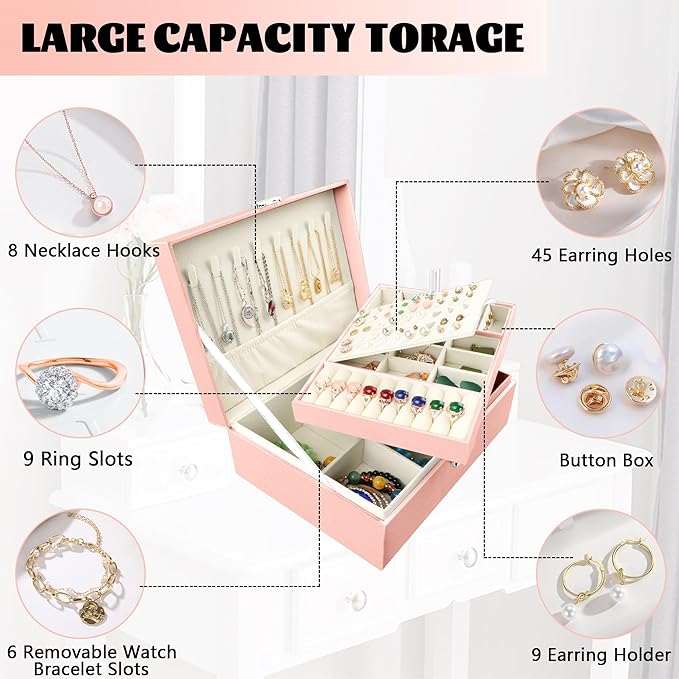 Homeanda Jewelry box 2 layer Jewelry box Leather Jewelry boxes for Women Girls Teens Jewelry organizer box Jewelry Storage box with lock(Pink)