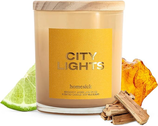 Homesick Scented Candles for Home (City Lights) - 7.5 oz Long-Lasting Natural Soy Wax Blend Jar Candle Gift for Women & Men for All Occasions, 30-35 Hours Burn Time - Notes of Amber & Bergamot