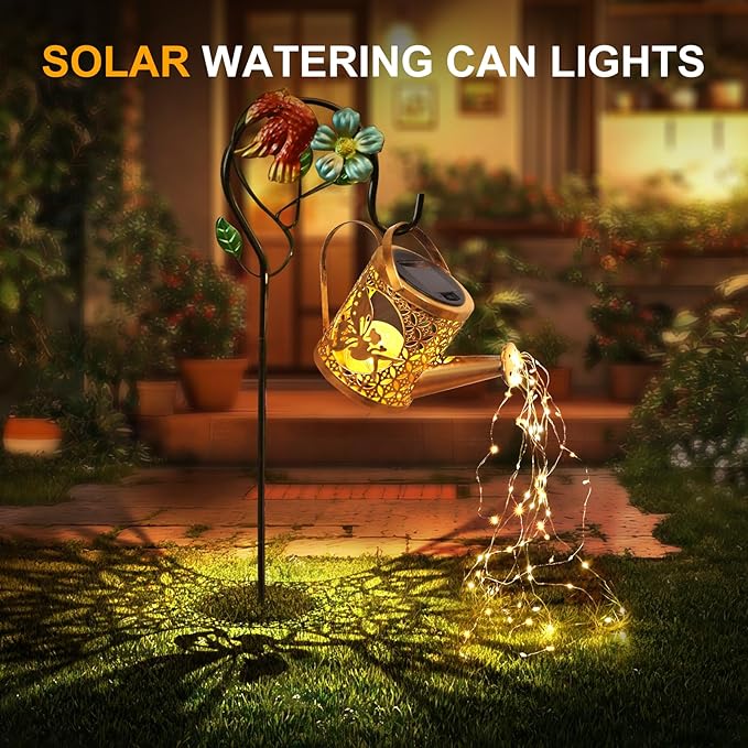 Solar Lights Outdoor Garden Decor Solar Watering Can with Crackle Glass Lights Waterproof Metal Hanging Fairy Lantern for Patio Lawn Yard Outside Decorations- Unique Gift Ideas for Gardening