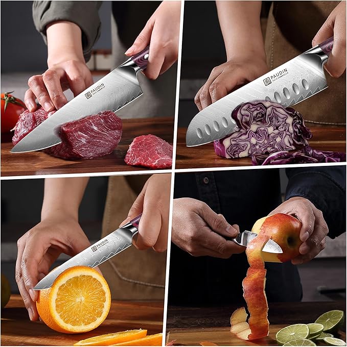 PAUDIN Damascus Knife Set 8 Pieces, Kitchen Knife Set with Block 67-layers Damascus steel, Ultra Sharp Japanese Knife Set with Full Tang G10 Handle, Chef Knife Block Set