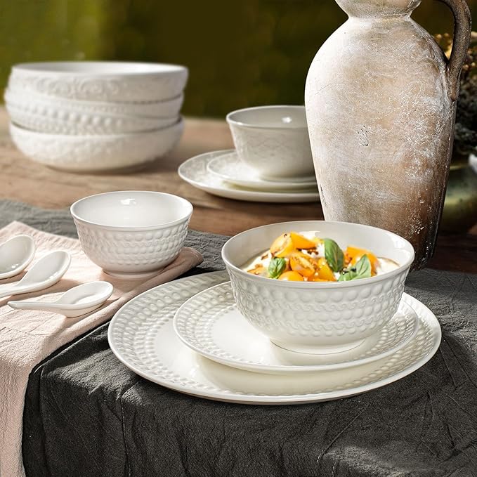 Cereal Bowls Set of 4 - Ceramic Soup Bowls for Kitchen 30 Oz Embossment White Breakfast Bowls for Rice, Pasta, Fruits, Salad, Ramen, 6.25 Inch, Dishwasher & Microwave Safe (Auspicious Clouds)