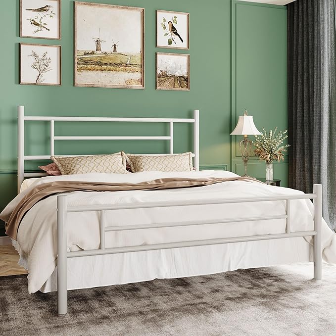 SHA CERLIN 14 Inch Full Size Metal Bed Frame with Iron-Art Headboard and Footboard,Under Bed Storage Space,Platform Bed with Metal Slats Support,Easy Assembly,Noise Free,No Box Spring Needed,White