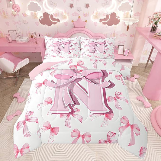 jejeloiu Kids Girls Cute Pink Bow Comforter Set Queen Size Monogrammed Bedding Set Ultra Soft Personalized Initial N Duvet Quilt Coquette Bow Knot Quilt Set Room Decor Modern Fashion Comforter