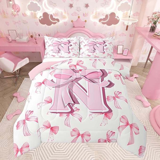 jejeloiu Kids Girls Cute Pink Bow Comforter Set Toddler Size Monogrammed Bedding Set Ultra Soft Personalized Initial N Duvet Quilt Coquette Bow Knot Quilt Set Room Decor Modern Fashion Comforter