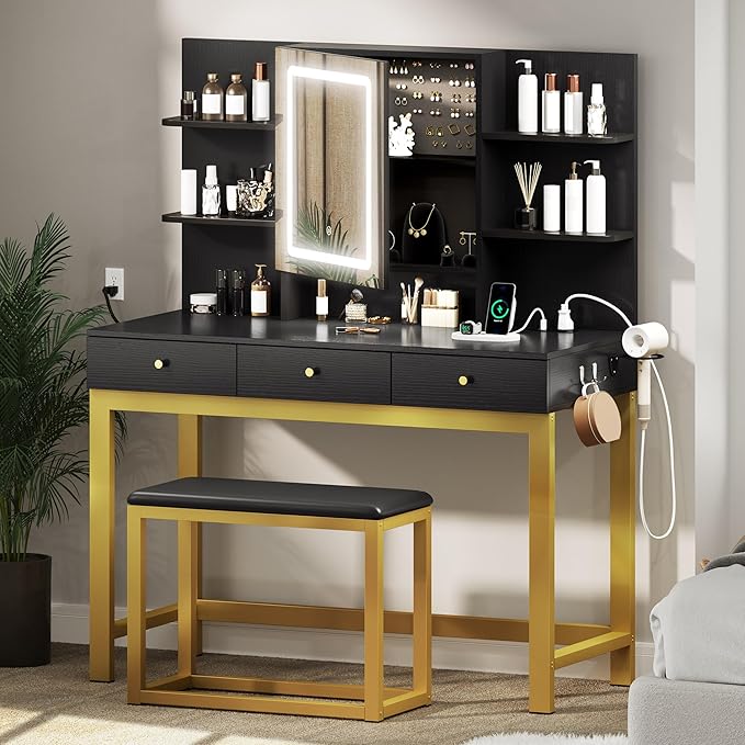 DWVO Vanity Desk with LED Lights Mirror & Power Outlet, Adjustable 3 Lights Modes, Makeup Table with Stool and Hidden Storage Shelves, 3 Drawers, Dressing Table Set with Chair, Upgraded, Black