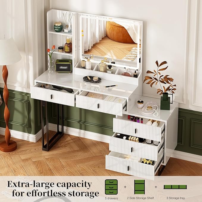 Large Vanity Desk with 3 Color Touch Screen Dimming Mirror, Vanity Desk with Charging Station, Modern Retractable Makeup Dressing Table, Vanity Table With storage shelves and 5 Sliding Drawers, White